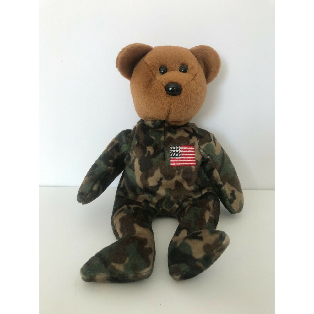 Ty Beanie Baby USA "Hero" Military Bear 2003 Camouflage America Flag 8-1/2" Tall